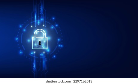 digital padlock with virtual screen on dark background with copy space. cyber security technology for fraud prevention and privacy data network protection concept