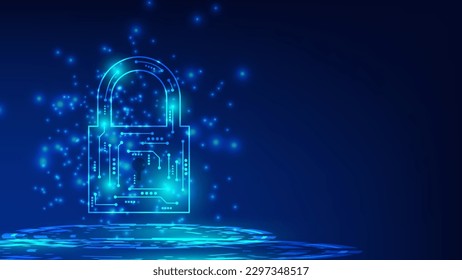 digital padlock with virtual screen on dark background with copy space. cyber security technology for fraud prevention and privacy data network protection concept