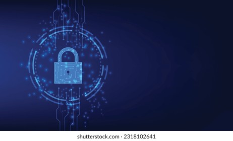 digital padlock with virtual screen on dark background with copy space. cyber security technology for fraud prevention and privacy data network protection concept