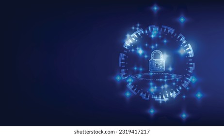 digital padlock with virtual screen on dark background with copy space. cyber security technology for fraud prevention and privacy data network