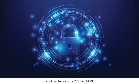 digital padlock with virtual screen on dark background. cyber security technology for fraud prevention and privacy data network protection concept