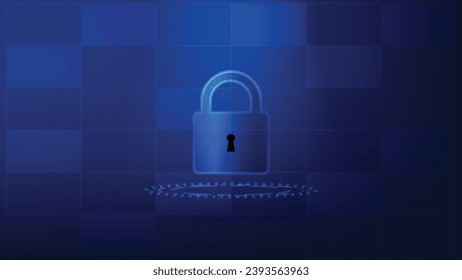 digital padlock with virtual screen on dark blue background. cyber security technology for fraud prevention and privacy data network protection concept