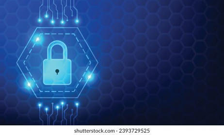 digital padlock with virtual screen on dark blue background with copy space. cyber security technology for fraud prevention and privacy data network protection concept