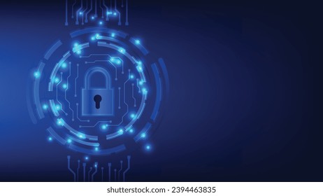 digital padlock with virtual screen on dark blue background with copy space. cyber security technology for fraud prevention and privacy data network protection concept