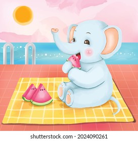 digital paint blue elephant sitting and eating watermelon