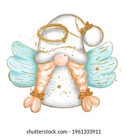 Digital paint watercolor angel gnome isolated on white background. Cute gnome with wings and glitter, greeting card. 