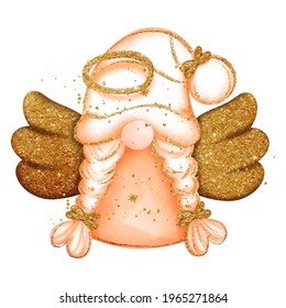 Digital paint watercolor angel gnome isolated on white background. Cute gnome with wings and glitter, greeting card. 