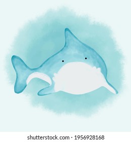 Digital paint watercolor background cute animal with Shark blue color.
