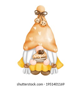 Digital paint watercolor coffee gnomes isolated on white background. Cute gnome greeting card.