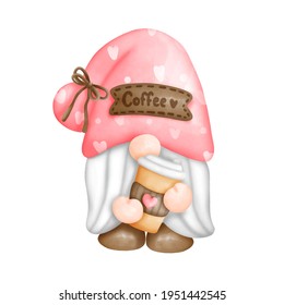 Digital paint watercolor coffee gnomes isolated on white background. Cute gnome greeting card.