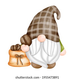 Digital paint watercolor coffee gnomes isolated on white background. Cute gnome greeting card.