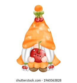 Digital paint watercolor fruits gnomes isolated on white background. Cute gnome summer season greeting card. 