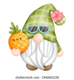 Digital paint watercolor fruits gnomes isolated on white background. Cute gnome summer season greeting card. 