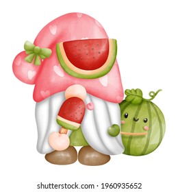 Digital paint watercolor fruits gnomes isolated on white background. Cute gnome summer season greeting card. 