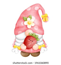 Digital paint watercolor fruits gnomes isolated on white background. Cute gnome summer season greeting card. 