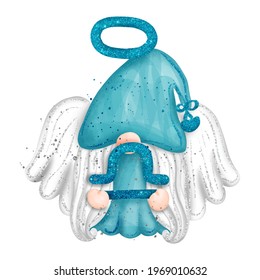 Digital paint watercolor Gnome Libra Zodiac Sign isolated on white background. Cute gnome with wings and glitter, greeting card. 