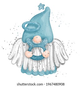 Digital paint watercolor Gnome Taurus Zodiac Sign isolated on white background. Cute gnome with wings and glitter, greeting card. 