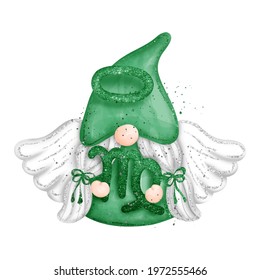 Digital paint watercolor Gnome Virgo Zodiac Sign isolated on white background. Cute gnome with wings and glitter, greeting card. 