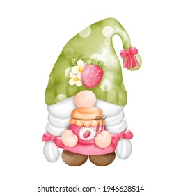 Digital paint watercolor strawberry gnomes isolated on white background. Cute gnome spring season greeting card. 