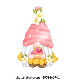 Digital paint watercolor strawberry gnomes isolated on white background. Cute gnome spring season greeting card. 