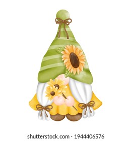 Digital paint watercolor sunflower gnomes isolated on white background. Cute gnome spring season greeting card. 