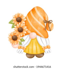 Digital paint watercolor sunflower gnomes isolated on white background. Cute gnome spring season greeting card. 