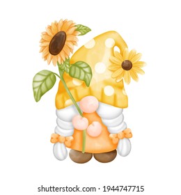 Digital paint watercolor sunflower gnomes isolated on white background. Cute gnome spring season greeting card. 