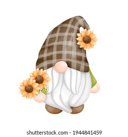 Digital paint watercolor sunflower gnomes isolated on white background. Cute gnome spring season greeting card. 