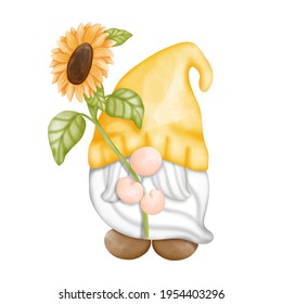 Digital paint watercolor Sunflower gnomes isolated on white background. Cute gnome spring season greeting card. 