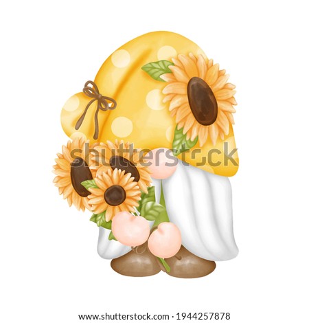 Digital paint watercolor sunflower gnomes isolated on white background. Cute gnome spring season greeting card. 