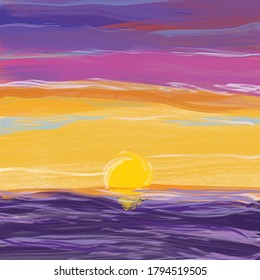 digital painting of abstract sunset with purple, orange, pink and blue sky, purple sea, acrylic painting, vector file.