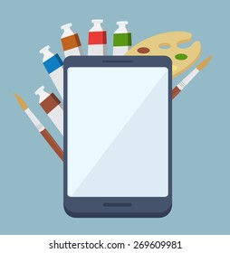 Digital painting app concept with colorful tubes of paint, paintbrushes and a wooden artists palette surrounding a tablet-pc with a blank white screen and copyspace, vector illustration
