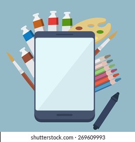 Digital painting app concept with colorful tubes of paint, paintbrushes and a wooden artists palette surrounding a tablet-pc with a blank white screen and copyspace, vector illustration