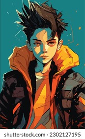 A digital painting of a Boy. Anime style. Vector illustration, digital brush, face young boy anime style character vector illustration design. 