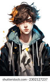 A digital painting of a Boy. Anime style. Vector illustration, digital brush, face young boy anime style character vector illustration design. 