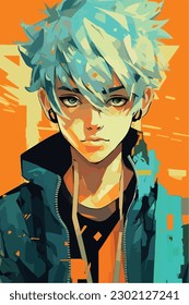 A digital painting of a Boy. Anime style. Vector illustration, digital brush, face young boy anime style character vector illustration design. 