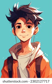 A digital painting of a Boy. Anime style. Vector illustration, digital brush, face young boy anime style character vector illustration design. 