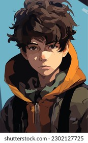 A digital painting of a Boy. Anime style. Vector illustration, digital brush, face young boy anime style character vector illustration design. 