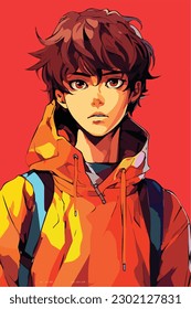 A digital painting of a Boy. Anime style. Vector illustration, digital brush, face young boy anime style character vector illustration design. 