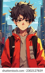 A digital painting of a Boy. Anime style. Vector illustration, digital brush, face young boy anime style character vector illustration design. 