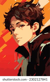 A digital painting of a Boy. Anime style. Vector illustration, digital brush, face young boy anime style character vector illustration design. 