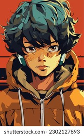 A digital painting of a Boy. Anime style. Vector illustration, digital brush, face young boy anime style character vector illustration design. 