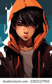 A digital painting of a Boy. Anime style. Vector illustration, digital brush, face young boy anime style character vector illustration design. 