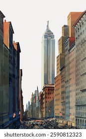 Digital painting of a bustling city street with tall skyscrapers, featuring the iconic Empire State Building. Urban scene with vibrant colors and dynamic perspective. Vintage art painting vector.