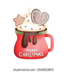 Digital painting, Chocolate in Christmas mug isolated on white background