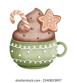 Digital painting, Chocolate in Christmas mug isolated on white background