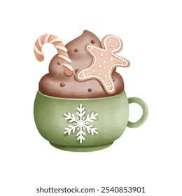 Digital painting, Chocolate in Christmas mug isolated on white background