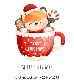 Digital painting, Christmas fox in Christmas mug isolated on white background