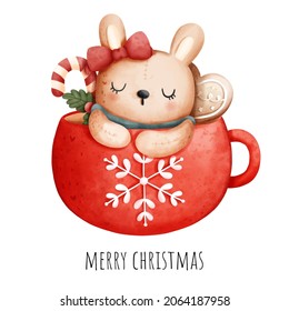 Digital painting, Christmas rabbit in Christmas mug isolated on white background