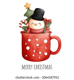 Digital painting, Christmas snowman in Christmas mug isolated on white background